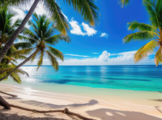 tropical beach with palm trees and sea background