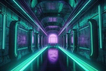 Poster - futuristic neon-lit tunnel with a long hallway. generative ai