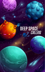 Aufkleber - Cartoon galaxy space planets poster. Vector background with deep space calling text. Universe extraterrestrial landscape, asteroids, stars and comets. Vertical card for interstellar travel or research