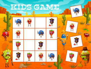 Poster - Sudoku kids game Wild west ranger, cowboy and bandit berry characters. Vector worksheet riddle, boardgame with cartoon blueberry, strawberry, honeyberry, blackberry and raspberry with gooseberry