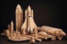 Wooden Model Of A Space Shuttle And Rockets. Generative AI