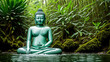 Meditating Budda sitting in the water. Buddha statue in the green forest jungle. 3D rendering