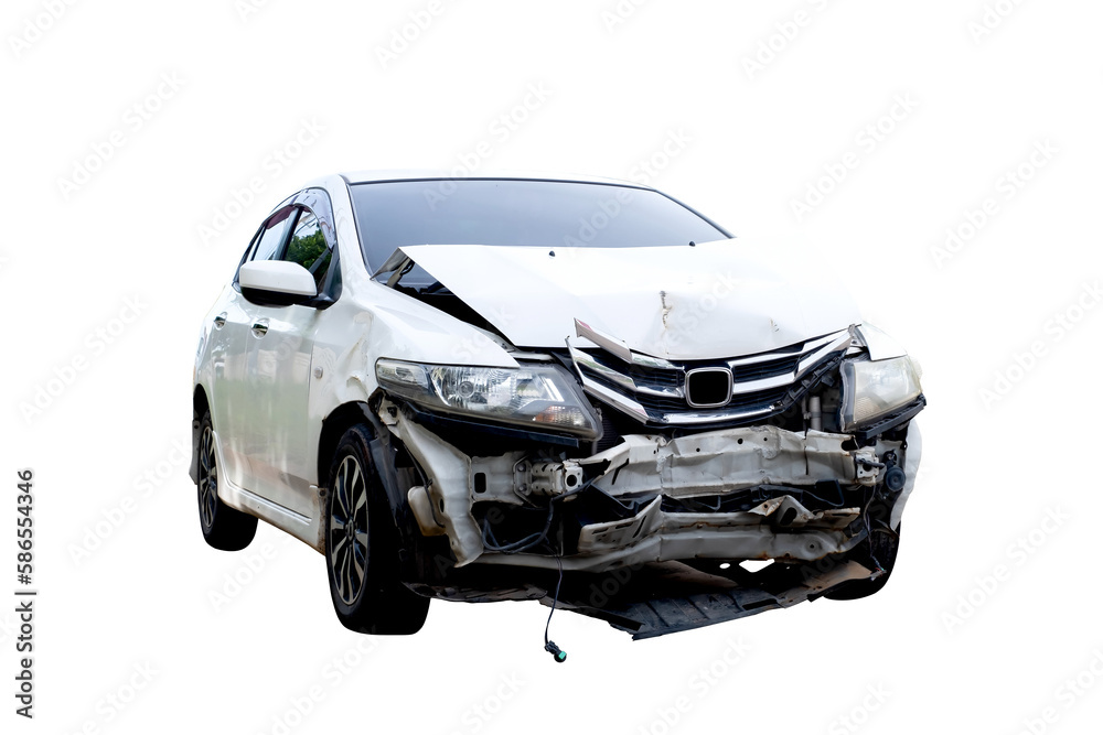 Front of white car get damaged by accident on the road. Broken cars ...