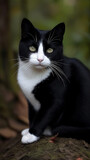 Fototapeta  - Black cat in the forest. Perfect wallpaper phone. Generetive AI