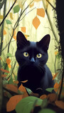 Fototapeta  - Black cat in the forest. Perfect wallpaper phone. Generetive AI