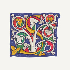 Wall Mural - S letter drop cap logo with interlaced white vine and gilding calligraphy elements. Renaissance initial emblem.