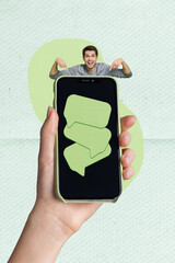 Poster - Photo collage artwork minimal picture of funky excited guy pointing fingers communicating gadget isolated drawing background