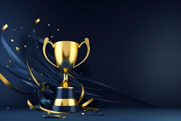 Golden trophy illustration on dark blue background, competition and business concept. Generative AI