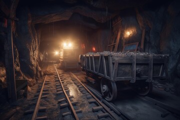 Abandoned mine illustration with trolley and rail, cryptocurrency mining concept. Generative AI