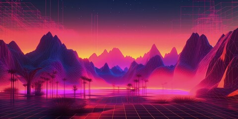 Wall Mural - Landscape with sunset and canyons, retro 80s style, vaporwave. Generative AI