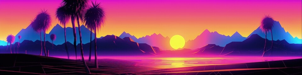 Wall Mural - Landscape with sunset and canyons, retro 80s style, vaporwave. Generative AI