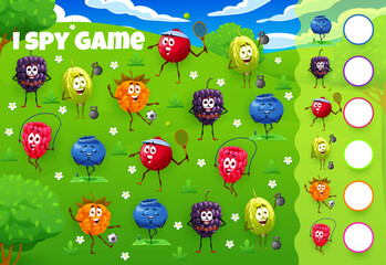 Poster - I spy game worksheet. Cartoon cheerful berry characters on summer meadow. Blueberry, gooseberry and raspberry, cowberry, blackberry cute personages doing fitness on kids I spy puzzle game vector quiz