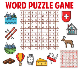 Aufkleber - Switzerland and Swiss items. Word search puzzle game worksheet. Kids quiz with vector Switzerland mountains, river, ski, chocolate and balloon, watch, swiss cheese and timber framing house, army knife