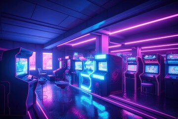 Wall Mural - Game room illustration with arcade, retro, vaporwave. Generative AI