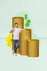 Canvas Print - Creative retro 3d magazine collage image of confident guy showing thumb up having cash profit growing isolated painting background