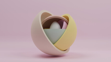 Poster - 3d rendering. Elegant cream hemispheres on a pink background. A white egg is hiding inside. Abstract 3d illustration.