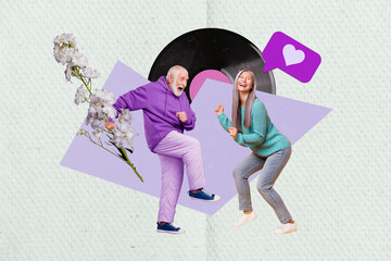 Sticker - Collage 3d pinup pop retro sketch image of funny mature couple dancing having fun isolated painting background