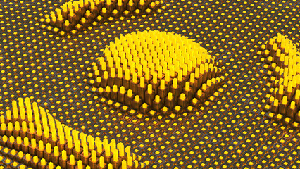 Poster - 3d rendering. Geometric background of metal tiles with glowing cores. Tiles of different lengths form a pattern. Wavy surface. Abstract futuristic design.