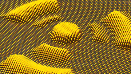 Poster - 3d rendering. The image of the radiation sign consists of a variety of metal glowing cubes of different lengths. Abstract 3d illustration of a radioactive hazard sign.