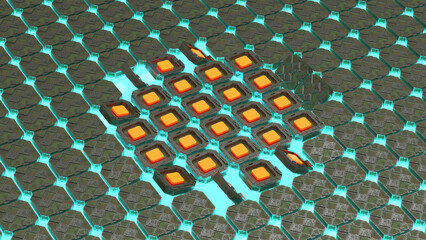 Poster - 3d rendering. Lots of metal square tiles. Some of the tiles in the center are deployed with glowing cores to the top. Abstract futuristic background drawing. 3d design of a fantastic background