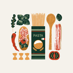 Wall Mural - Italian food collection. Spaghetti with bruschetta. Food textured composition. 