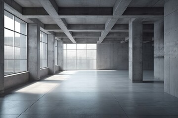 Poster - an empty modern room with large windows and concrete walls. Generative AI