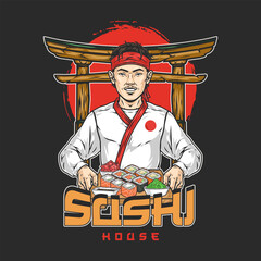 Canvas Print - Sushi chef detailed colorful poster