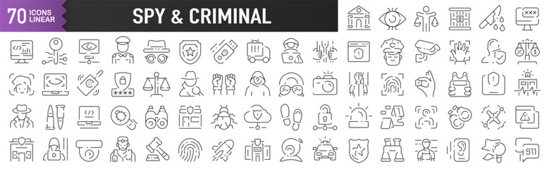 Poster - Spy and criminal black linear icons. Collection of 70 icons in black. Big set of linear icons