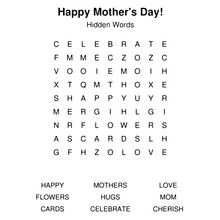 TRANSPARENT Easy To Read Large Print   Add Your Art = MOTHERS DAY Theme Hidden Word Search Puzzle Game Crossword Activity. No Background, Simple Isolated Square Layout To Insert Anywhere