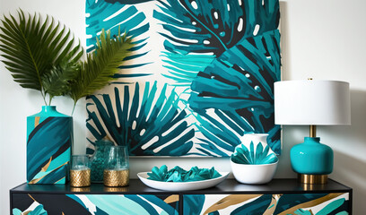 Poster -  a table with a vase, bowl and a plant on it with a blue and green palm leaf wallpaper in the background and a gold and white bowl on the sideboard.  generative ai