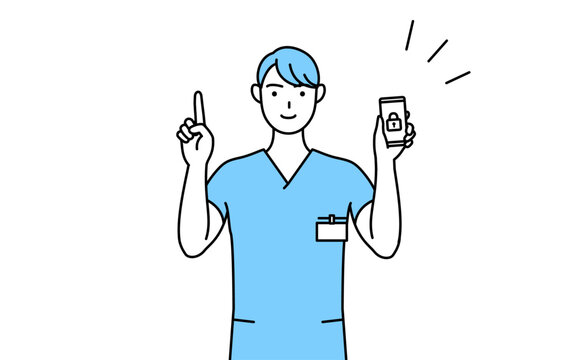 スマホのセキュリティ対策をする男性看護師、理学療法士、作業療法士、言語聴覚士、看護助手