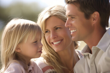 Wall Mural - Happy family portrait. Father mother and daughter smiling. Generative AI