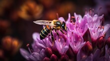 A Beautiful Bee With Fluffy Stripes Collecting Nectar From A Purple Flower With Soft Shadows And Professional Color Grading.