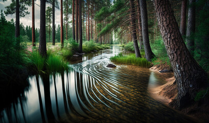 Poster -  a painting of a river running through a forest filled with tall pine trees and tall green grass, with ripples of water in the foreground.  generative ai