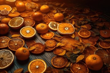 Wall Mural - pile of fresh oranges arranged neatly on a rustic wooden table. Generative AI