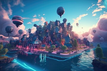Poster - futuristic city floating above a body of water. generative ai