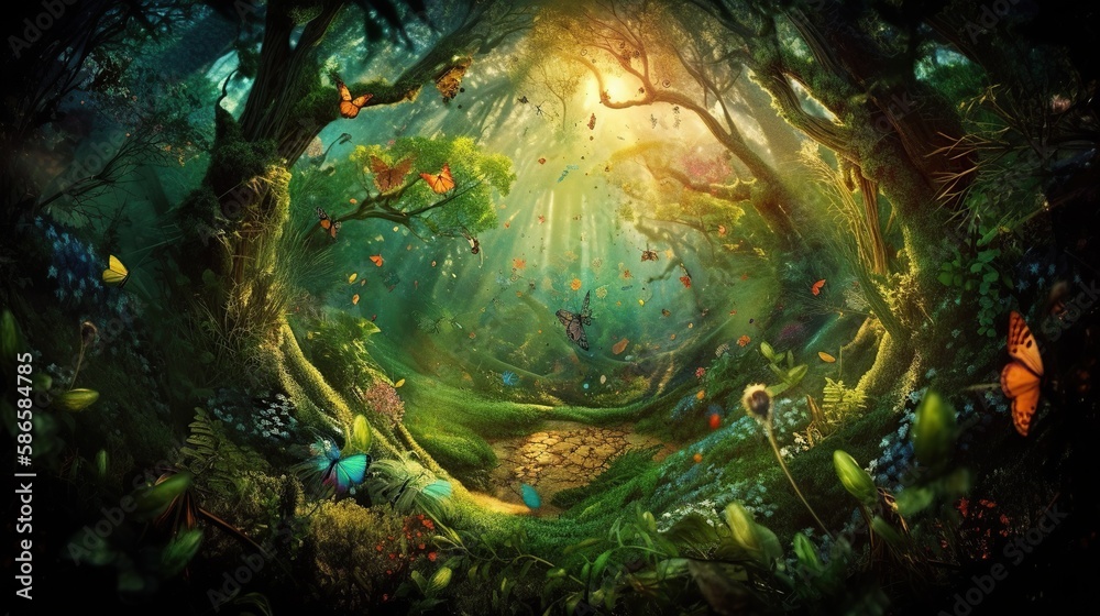 Beautiful fantasy enchanted forest with butterflies, flowers and copy ...