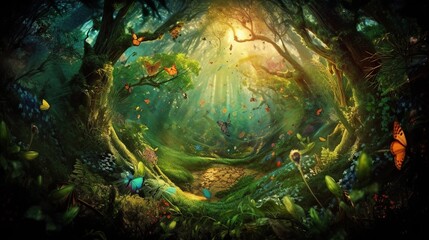 beautiful fantasy enchanted forest with butterflies, flowers and copy space. fairy tale outdoor back