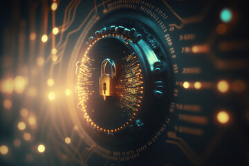 Cyber security digital shield for protecting data, abstract futuristic horizontal background. AI generative image.