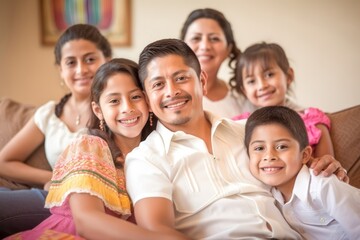 Wall Mural - Happy big family portrait. Mom dad daughters and sons smiling, close up. Generative AI