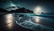 © vlntn - Beautiful night seascape with starry sky, ocean sandy coast and rocks. Exotic landscape. Horizontal outdoor wild nature background. AI generative image.