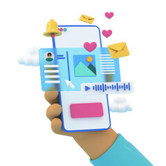 Poster - Human hand holding mobile phone, metaphor of online chatting, sending emails, audio messages, giving reaction in the internet. Floating icons, 3d render image. Social media communication concept.