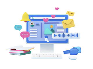 Poster - 3d social media communication concept image. Computer desktop with  speech bubbles, online chatting, sending emails, audio messages, giving reaction on the internet. 3d rendering illustration.
