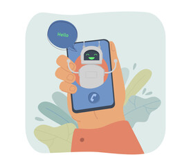 Aufkleber - Hand holding phone with chatbot saying hello vector illustration. Cartoon drawing of person holding smartphone with comic robot on screen. Artificial intelligence, customer support or service concept
