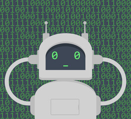 Aufkleber - Chatbot character on green background with binary code. Cartoon drawing of comic robot or cyborg for chatting. Robotics, technology, programming, artificial intelligence, engineering concept