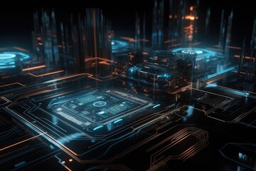Poster - futuristic city with a blue neon lights. Generative AI