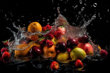  Fresh Fruit splash and submerge under water, summer banner, summer fruits, created with generative ai