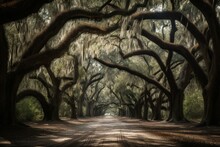 Oak Trees Surround The Driveway At The Famed Wormsloe Plantation In Savannah, Georgia, USA. Generative AI