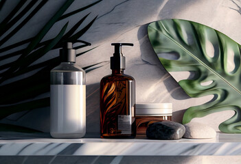 SPA natural organic Pump and spray cosmetic bottles near marble wall, green leaf in bathroom. AI Generated