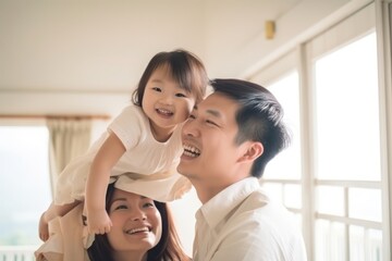 Wall Mural - Happy family portrait. Father mother and kid smiling. Generative AI